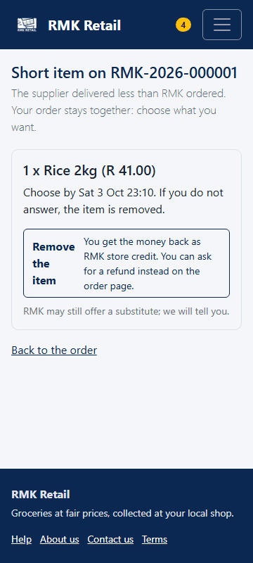 An item is short: choose