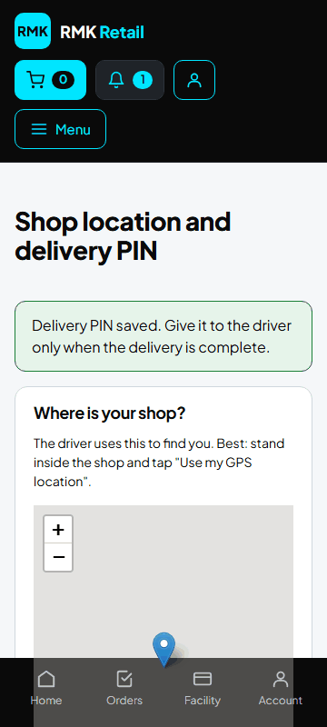 Shop location and delivery PIN
